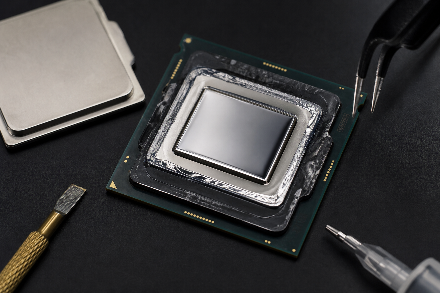 Delidded CPU prepped with liquid metal for extreme cooling