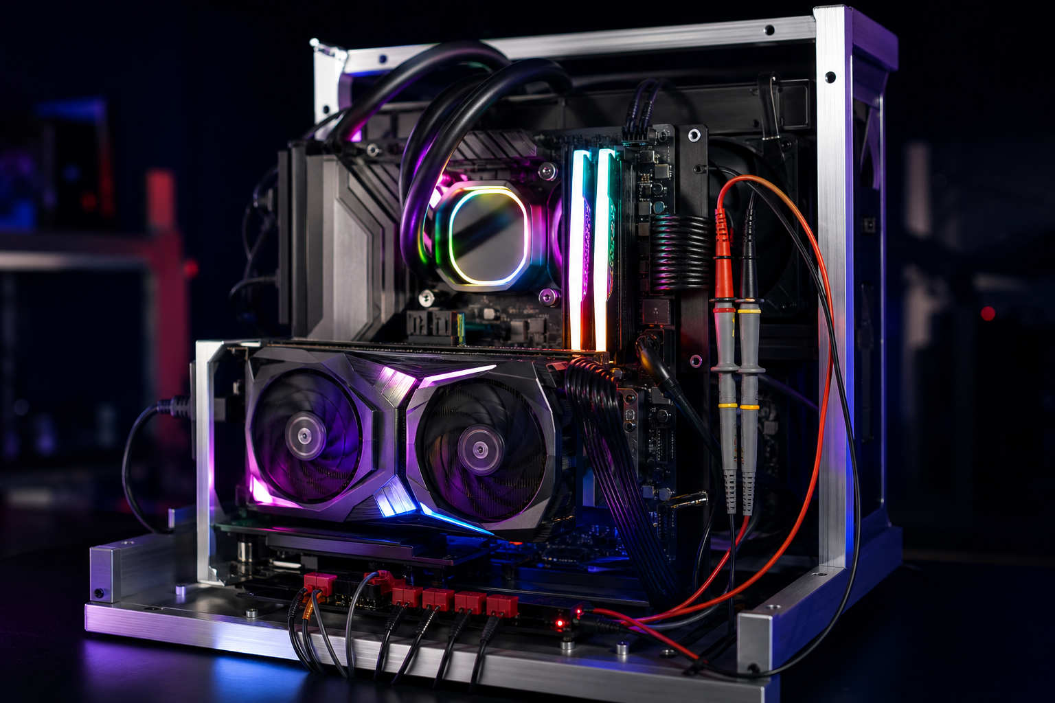 Open test bench PC rig with exposed glowing components